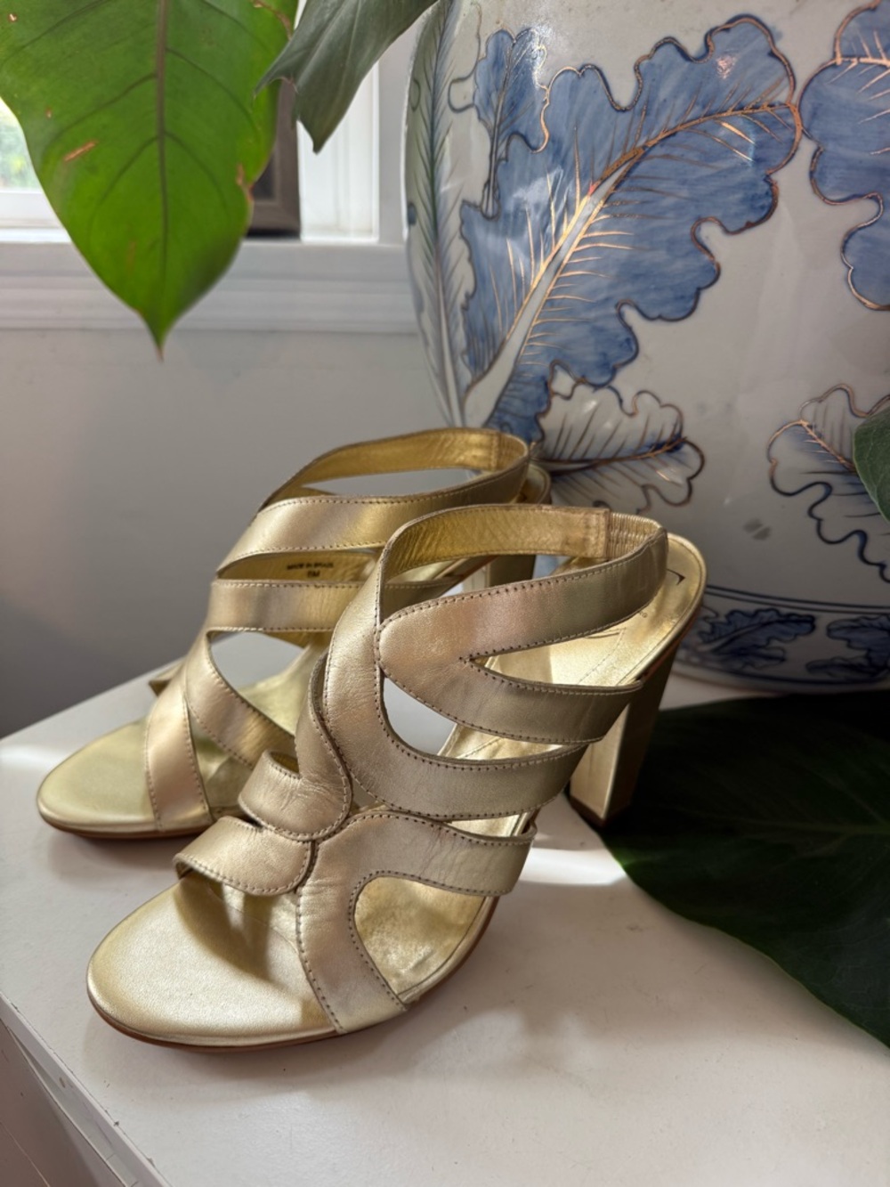 Diane Von Furstenberg Metallic Gold Strappy Block Heel Sandals